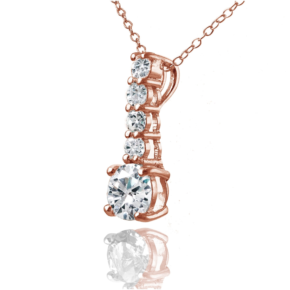 Rose Gold Flashed Sterling Silver Cubic Zirconia 5-Stone Round Drop Necklace-2