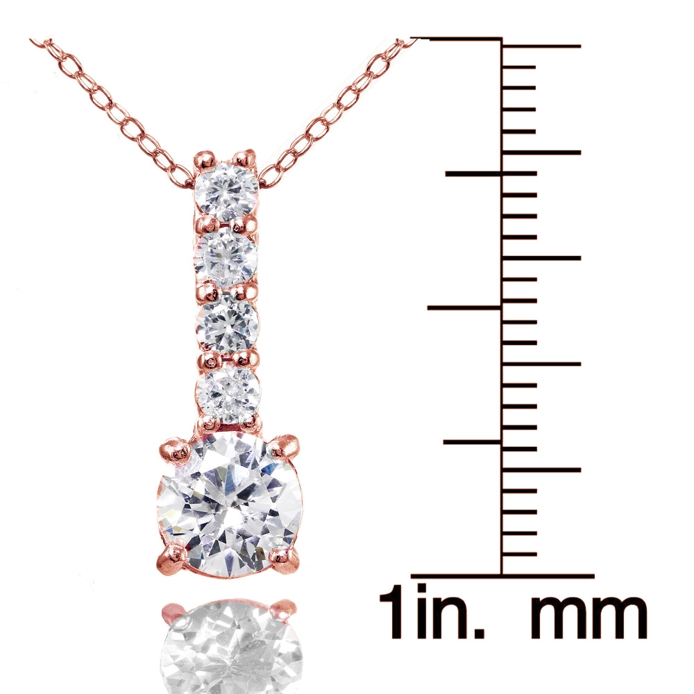 Rose Gold Flashed Sterling Silver Cubic Zirconia 5-Stone Round Drop Necklace-3