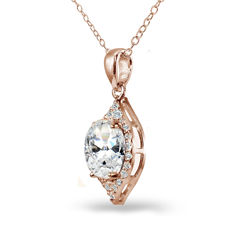 Rose Gold Flashed Sterling Silver Cubic Zirconia 2ct Oval-Cut Necklace-2