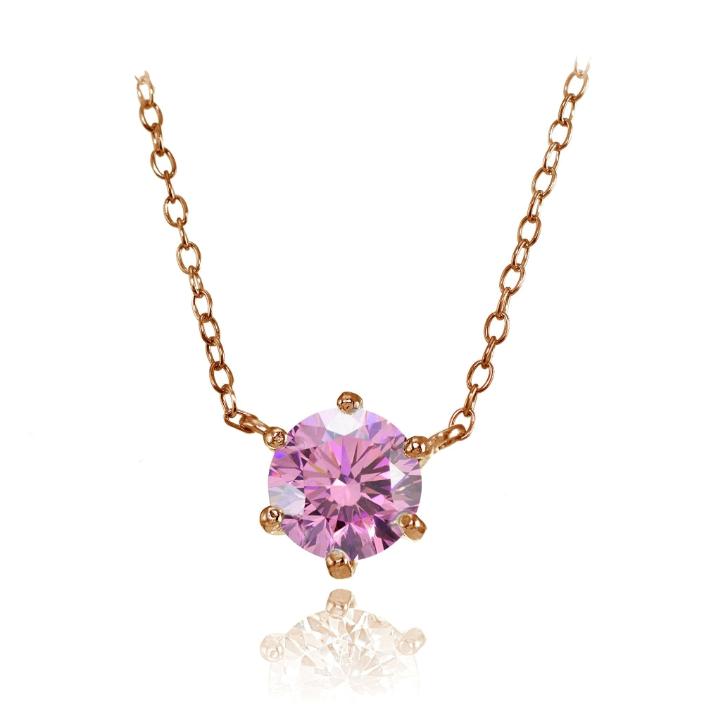 Rose Gold Flashed Silver 7mm Round Pink Cubic Zirconia 6-Prong Solitaire Necklace