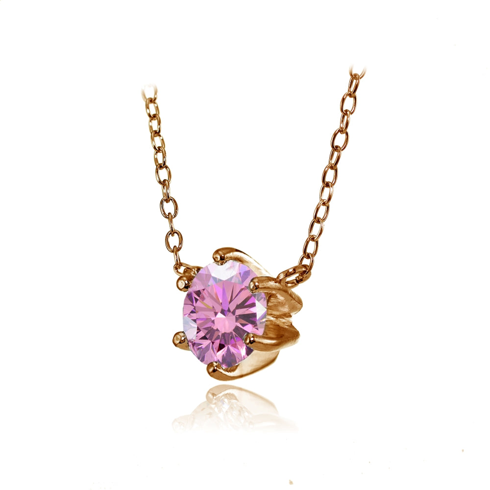 Rose Gold Flashed Silver 7mm Round Pink Cubic Zirconia 6-Prong Solitaire Necklace-2