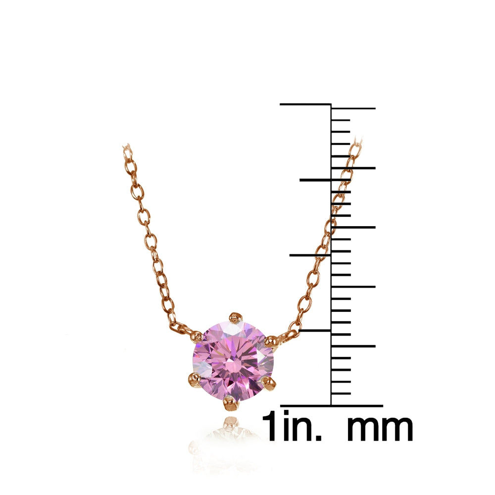 Rose Gold Flashed Silver 7mm Round Pink Cubic Zirconia 6-Prong Solitaire Necklace-3