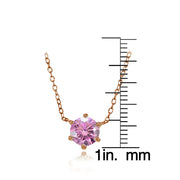 Rose Gold Flashed Silver 7mm Round Pink Cubic Zirconia 6-Prong Solitaire Necklace