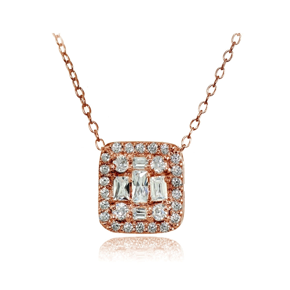 Rose Gold Flashed Silver Cubic Zirconia Baguette and Round Cut Square Necklace
