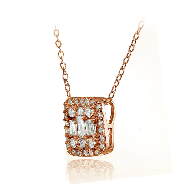 Rose Gold Flashed Silver Cubic Zirconia Baguette and Round Cut Square Necklace