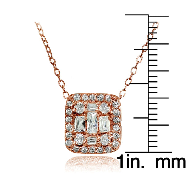 Rose Gold Flashed Silver Cubic Zirconia Baguette and Round Cut Square Necklace