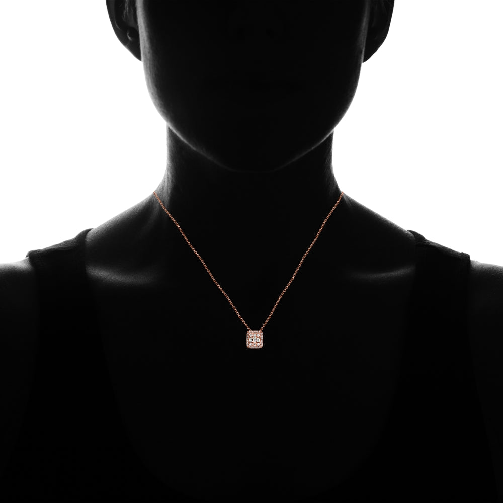 Rose Gold Flashed Silver Cubic Zirconia Baguette and Round Cut Square Necklace-4