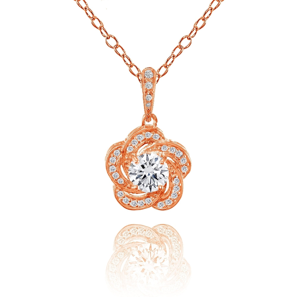 Rose Gold Flashed Sterling Silver Cubic Zirconia Flower Swirl Necklace