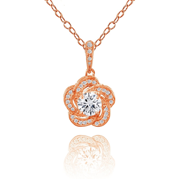 Rose Gold Flashed Sterling Silver Cubic Zirconia Flower Swirl Necklace