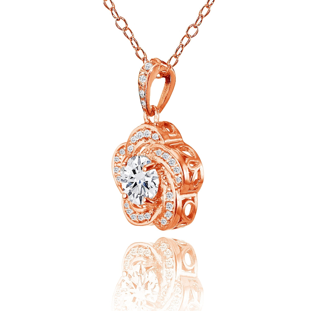 Rose Gold Flashed Sterling Silver Cubic Zirconia Flower Swirl Necklace-2