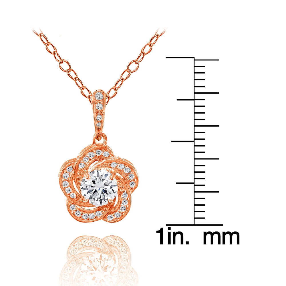 Rose Gold Flashed Sterling Silver Cubic Zirconia Flower Swirl Necklace-3