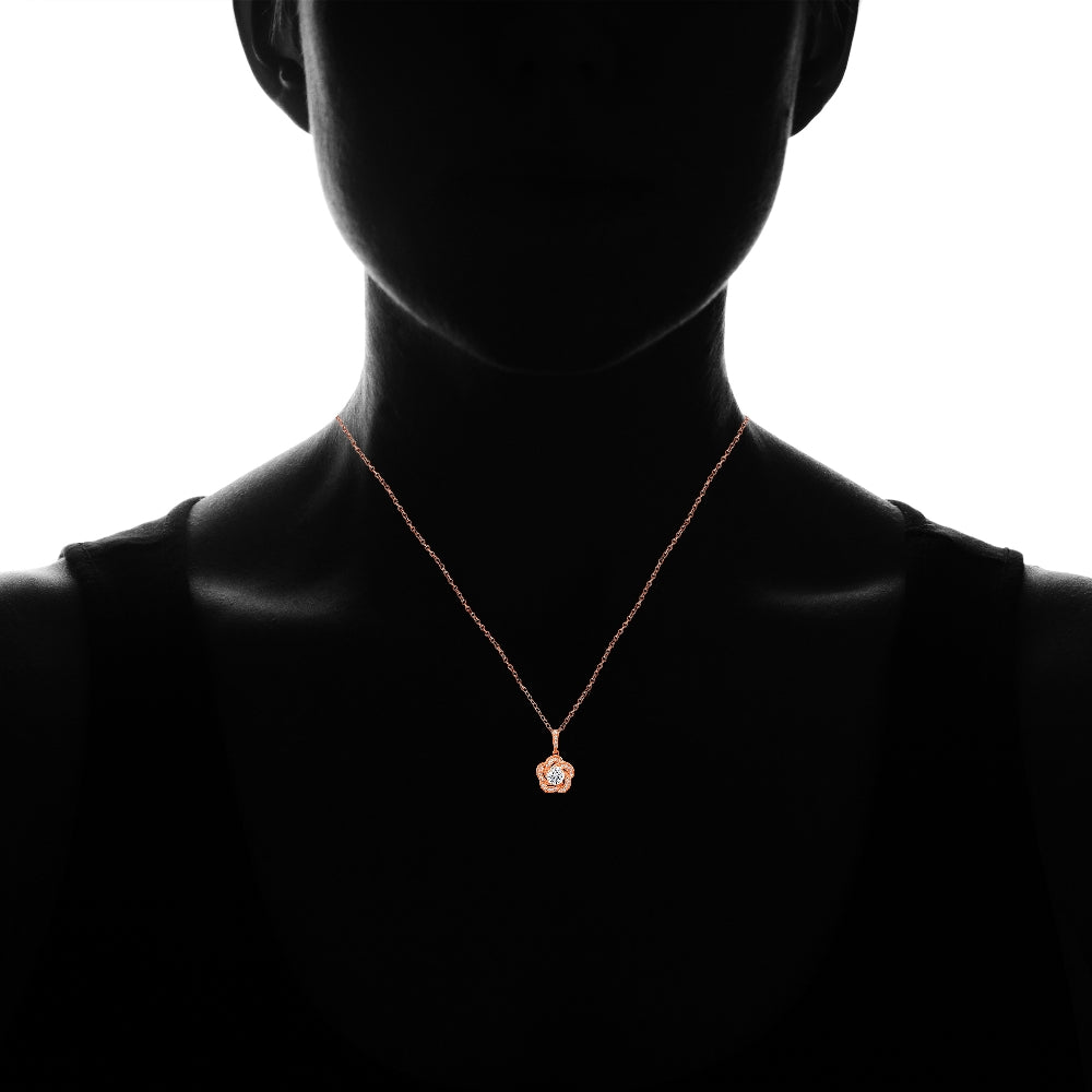 Rose Gold Flashed Sterling Silver Cubic Zirconia Flower Swirl Necklace-4