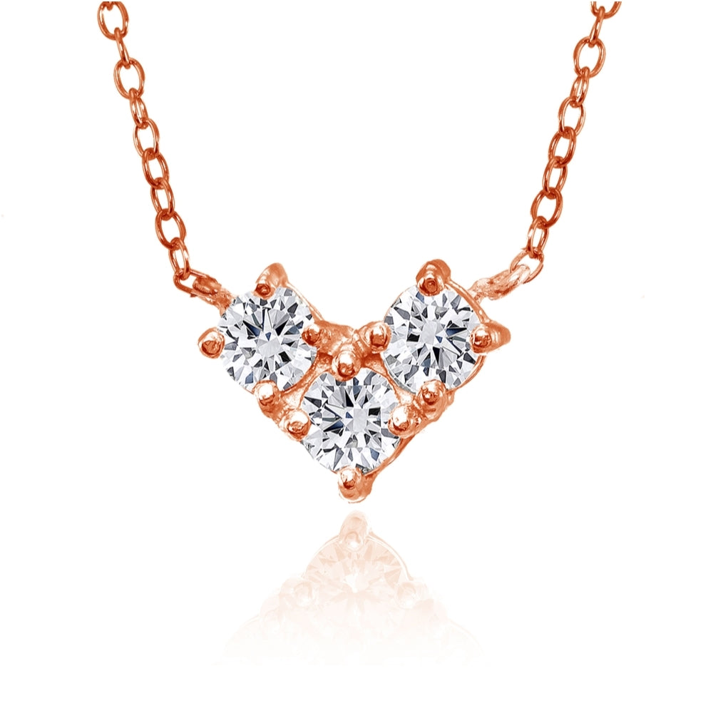 Rose Gold Flashed Sterling Silver Cubic Zirconia 3-Stone Triangle Necklace
