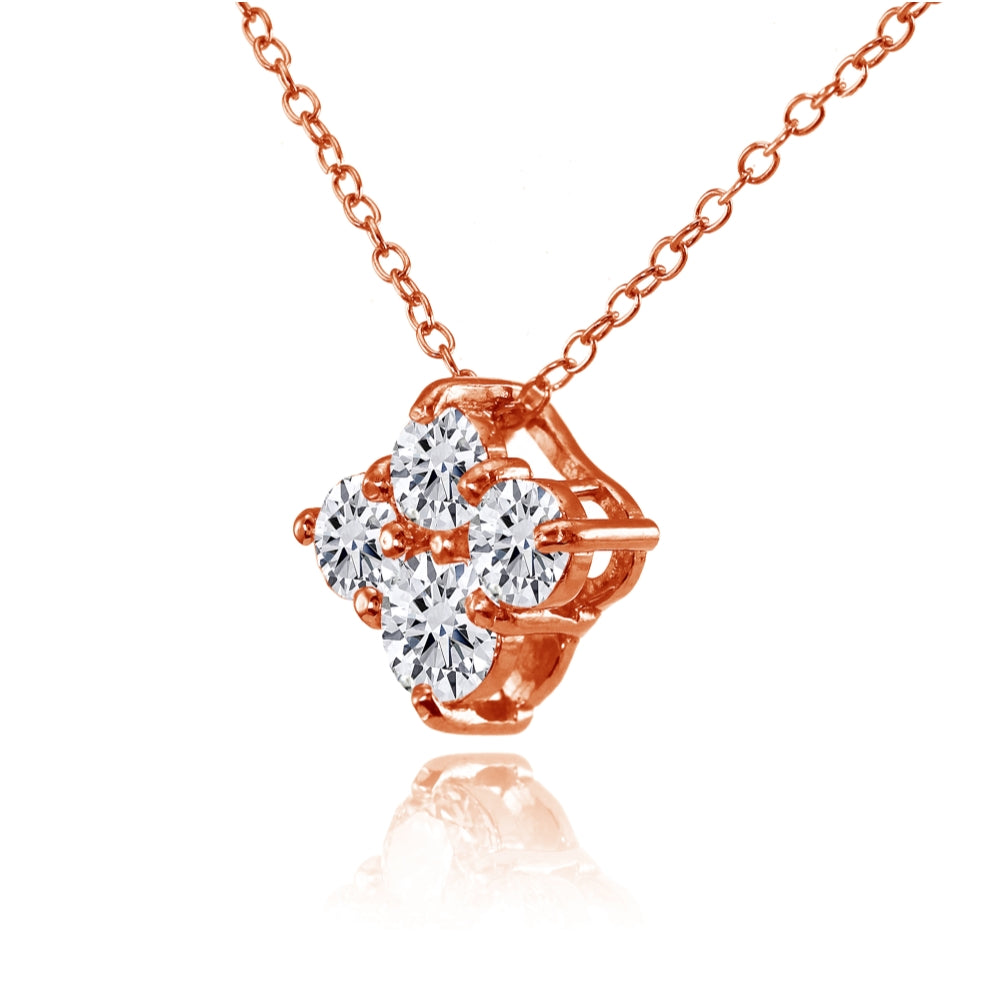 Rose Gold Flashed Sterling Silver Cubic Zirconia 4-Stone Cluster Necklace-2