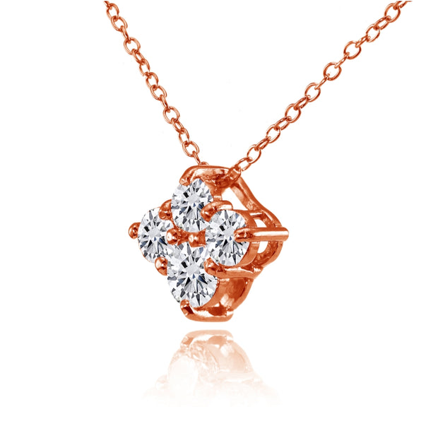 Rose Gold Flashed Sterling Silver Cubic Zirconia 4-Stone Cluster Necklace