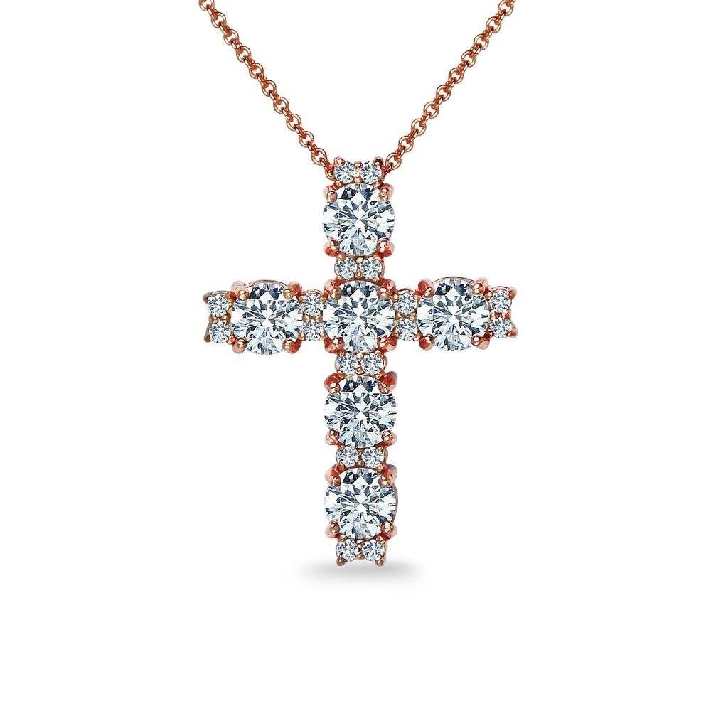Rose Gold Flashed Sterling Silver Round Cross Necklace Made with Swarovski Zirconia
