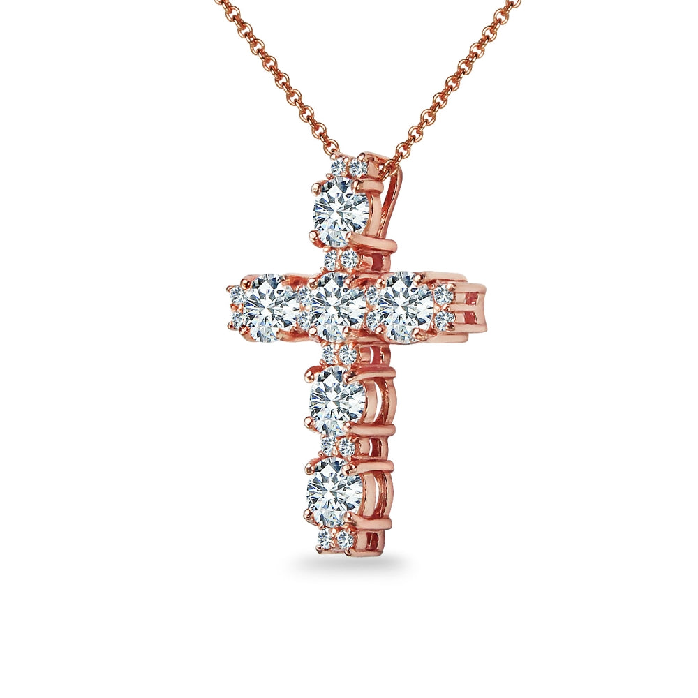 Rose Gold Flashed Sterling Silver Round Cross Necklace Made with Swarovski Zirconia-3