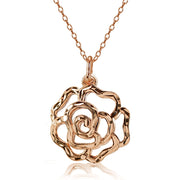Rose Gold Flashed Sterling Silver High Polished Diamond-cut Filigree Rose Flower Pendant Necklace