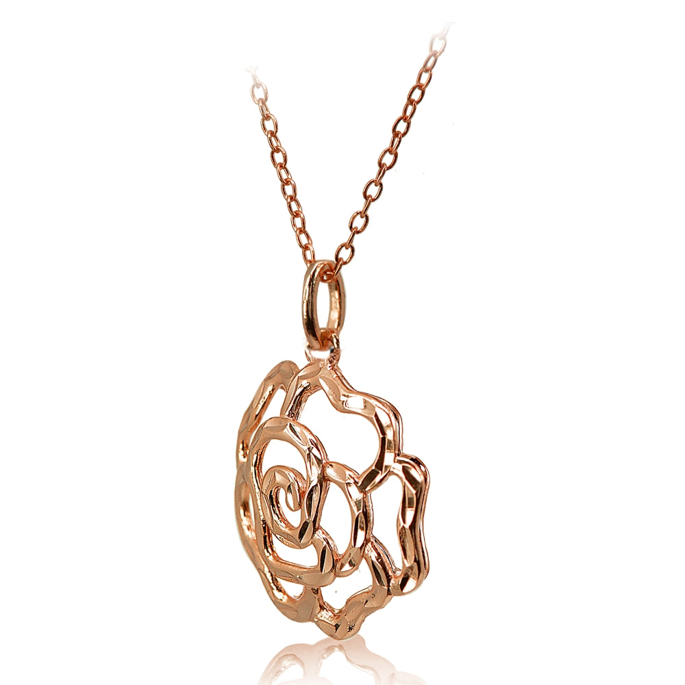 Rose Gold Flashed Sterling Silver High Polished Diamond-cut Filigree Rose Flower Pendant Necklace-2