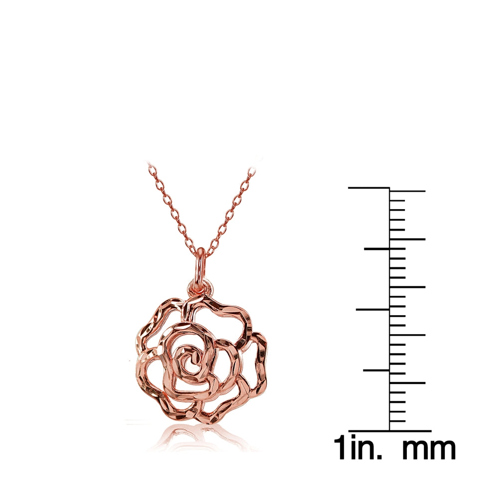 Rose Gold Flashed Sterling Silver High Polished Diamond-cut Filigree Rose Flower Pendant Necklace-3