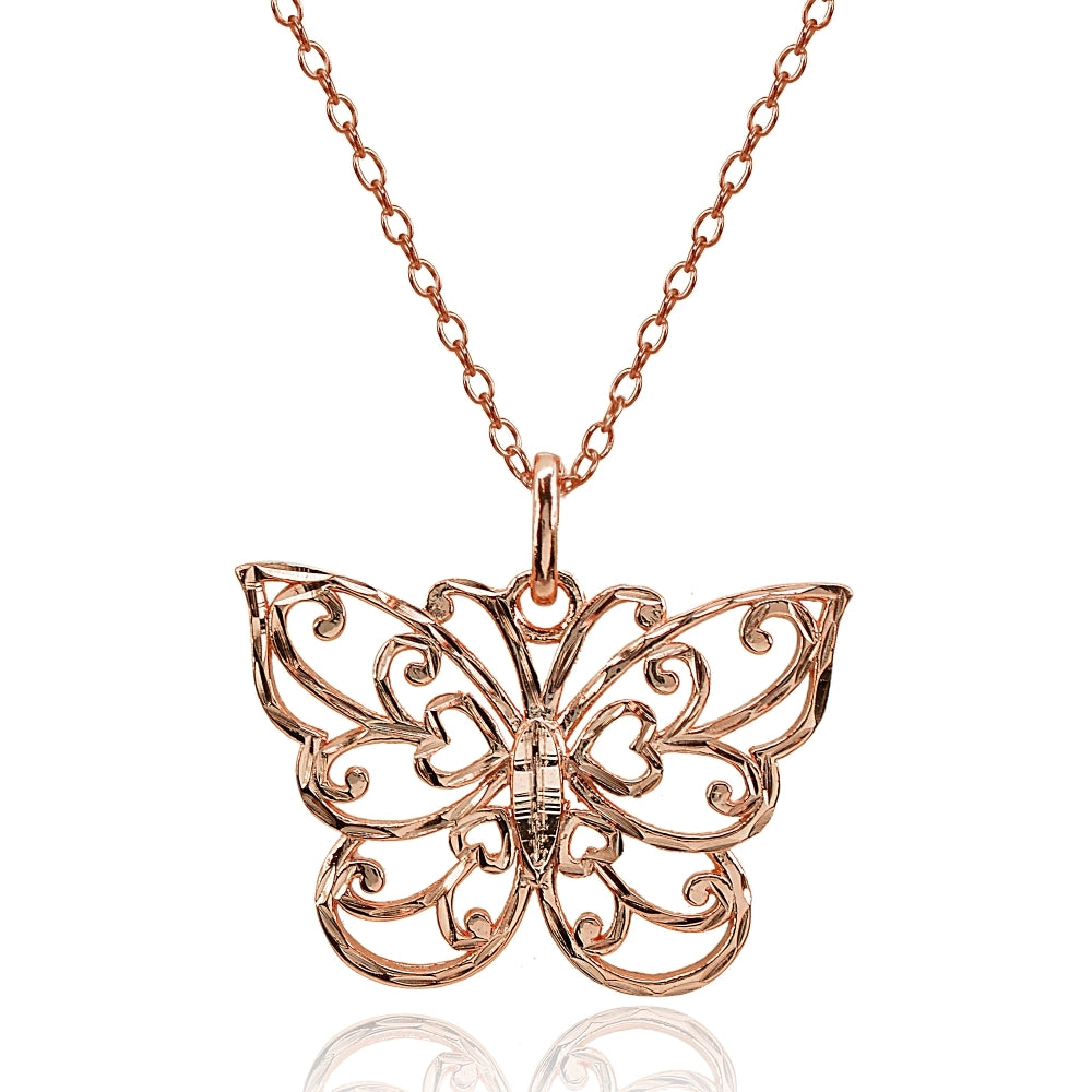 Rose Gold Flashed Sterling Silver High Polished Diamond-cut Filigree Butterfly Pendant Necklace