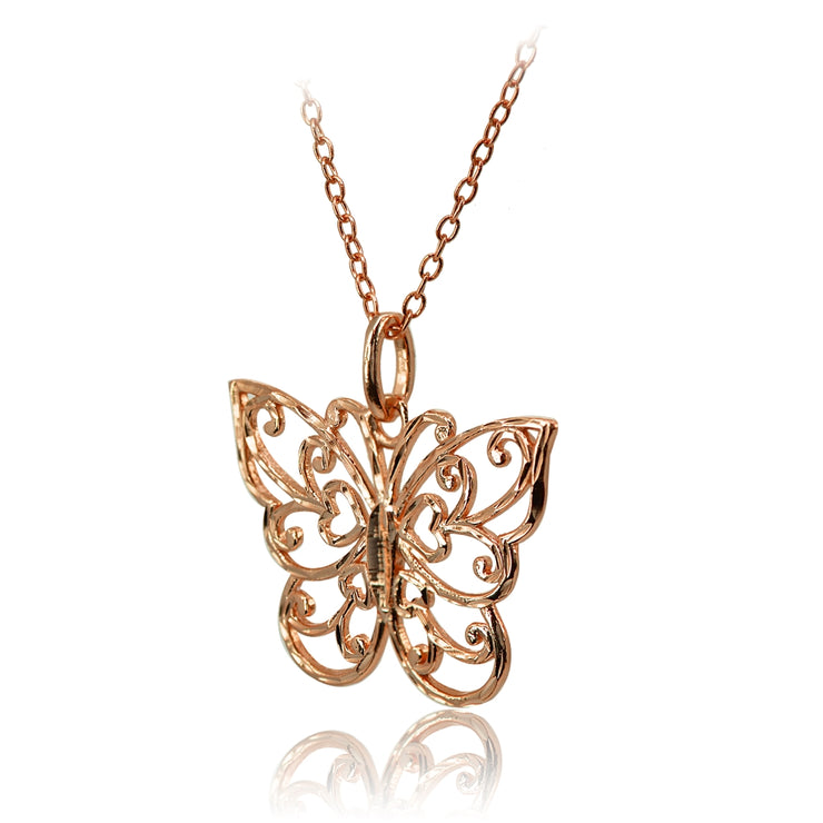Rose Gold Flashed Sterling Silver High Polished Diamond-cut Filigree Butterfly Pendant Necklace