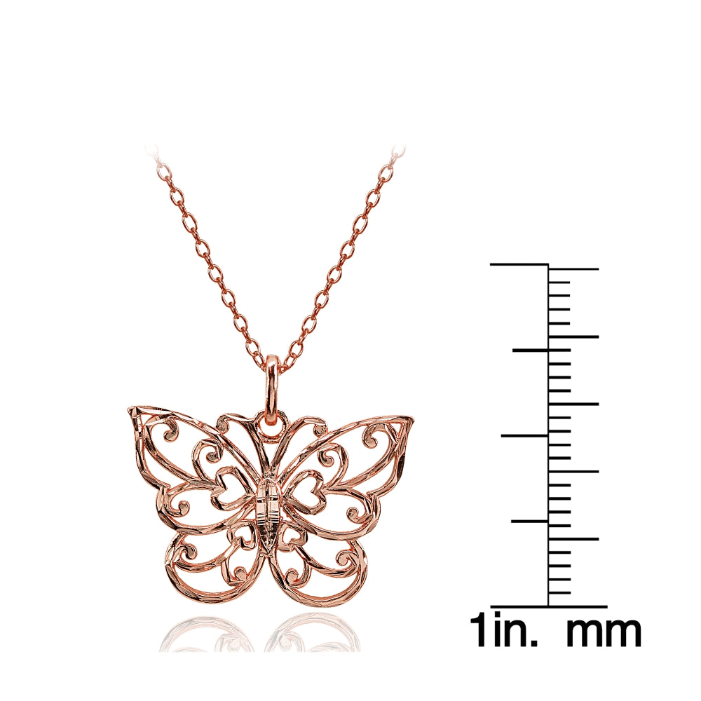 Rose Gold Flashed Sterling Silver High Polished Diamond-cut Filigree Butterfly Pendant Necklace-3