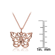 Rose Gold Flashed Sterling Silver High Polished Diamond-cut Filigree Butterfly Pendant Necklace