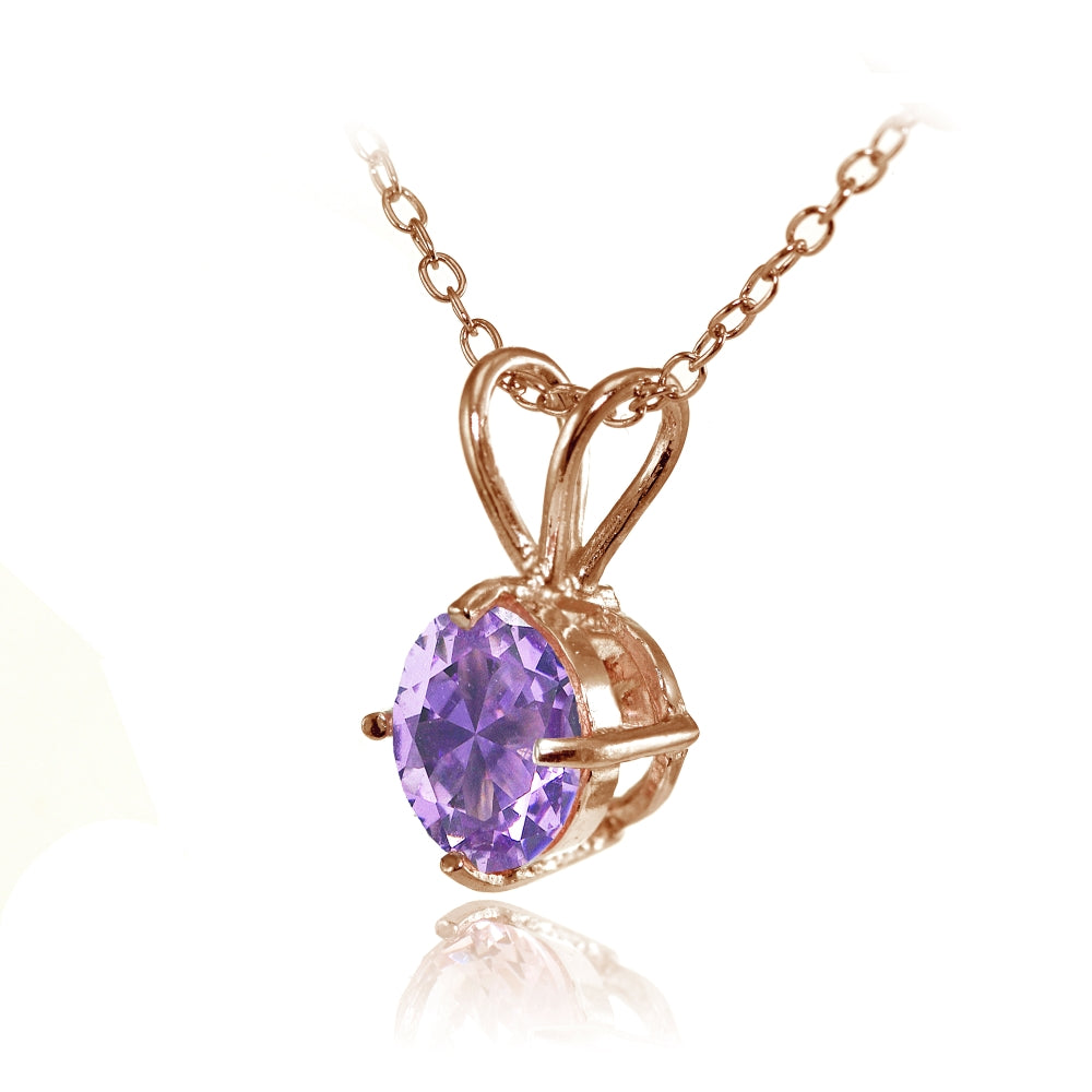 Rose Gold Flashed Sterling Silver Created Amethyst 7mm Round Solitaire Pendant Necklace-2