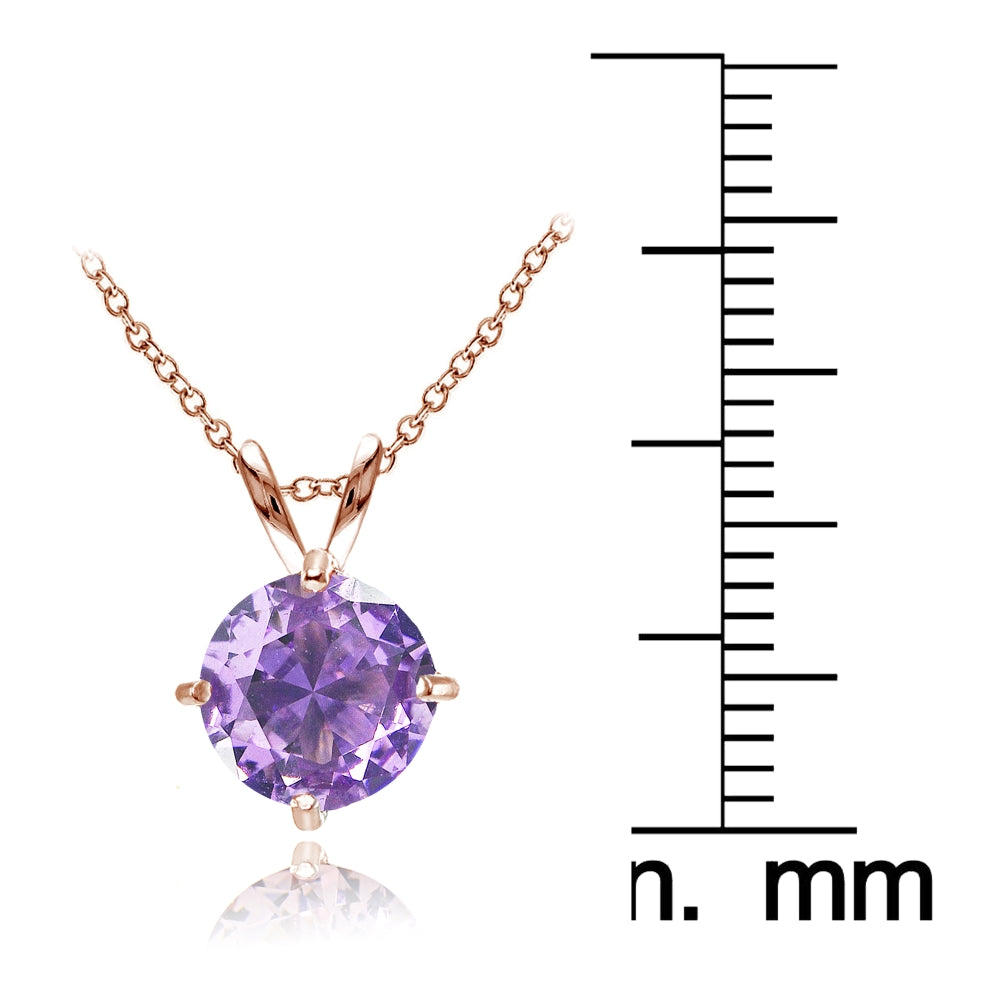 Rose Gold Flashed Sterling Silver Created Amethyst 7mm Round Solitaire Pendant Necklace-3