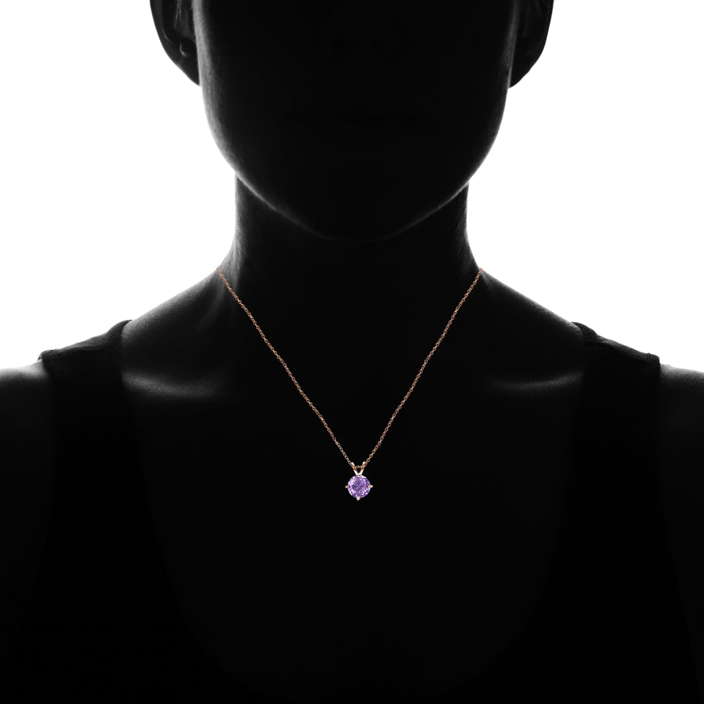 Rose Gold Flashed Sterling Silver Created Amethyst 7mm Round Solitaire Pendant Necklace-4