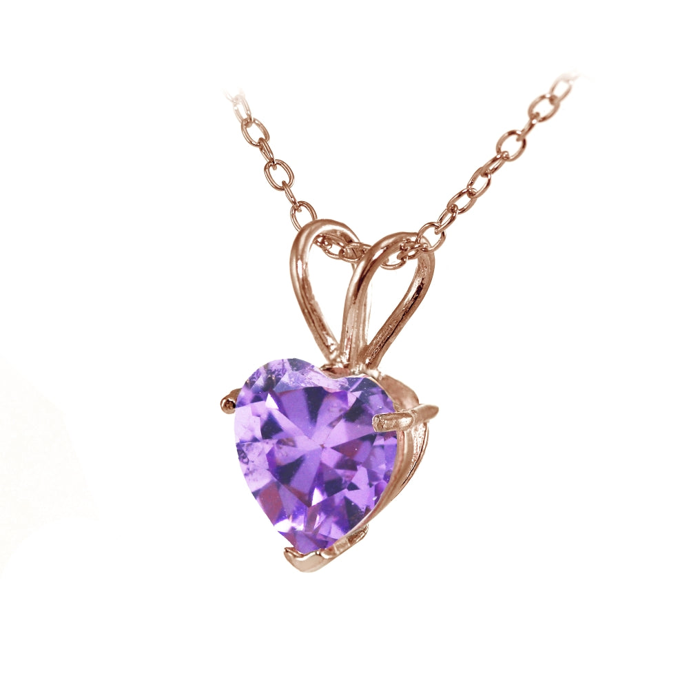 Rose Gold Flashed Sterling Silver Created Amethyst 7mm Heart Pendant Necklace-2