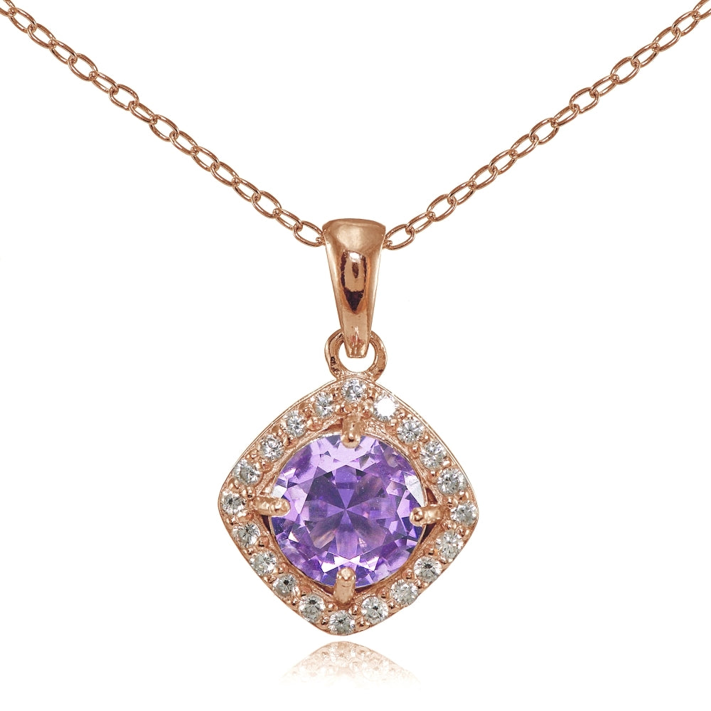 Rose Gold Flashed Sterling Silver Created Amethyst 7mm Round and CZ Accents Necklace
