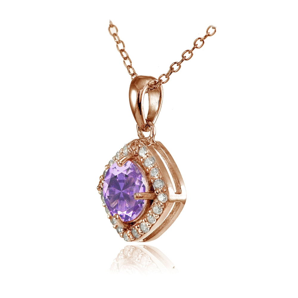 Rose Gold Flashed Sterling Silver Created Amethyst 7mm Round and CZ Accents Necklace-2