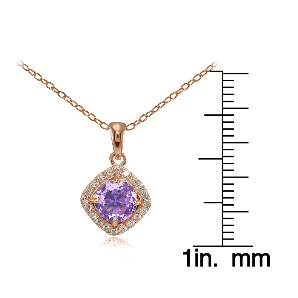 Rose Gold Flashed Sterling Silver Created Amethyst 7mm Round and CZ Accents Necklace-3