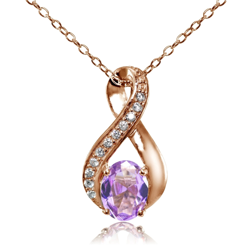 Rose Gold Flashed Sterling Silver Created Amethyst Oval Infinity and CZ Accents Necklace