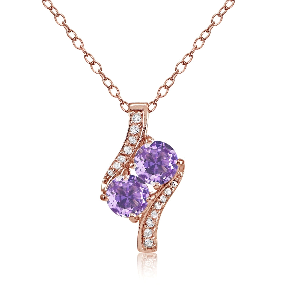 Rose Gold Flashed Sterling Silver Created Amethyst Round Two Stone and CZ Accents Necklace