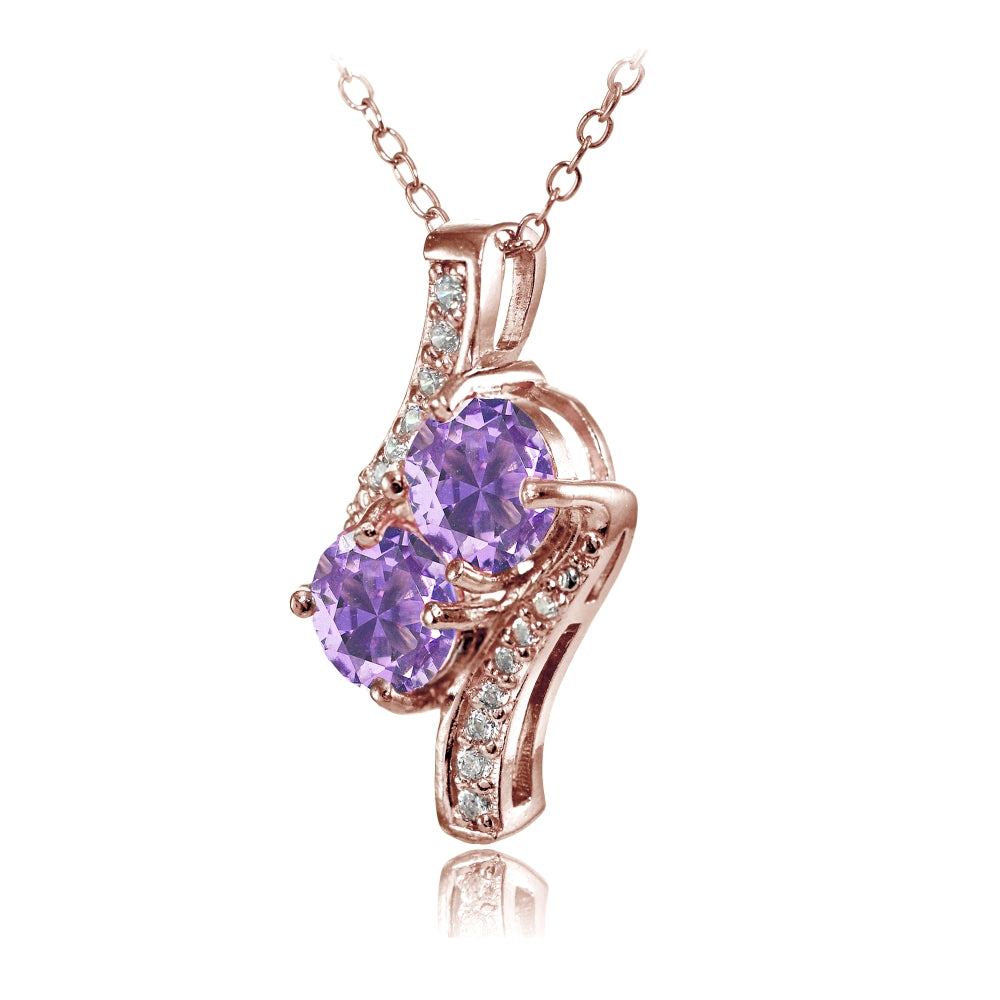 Rose Gold Flashed Sterling Silver Created Amethyst Round Two Stone and CZ Accents Necklace-2
