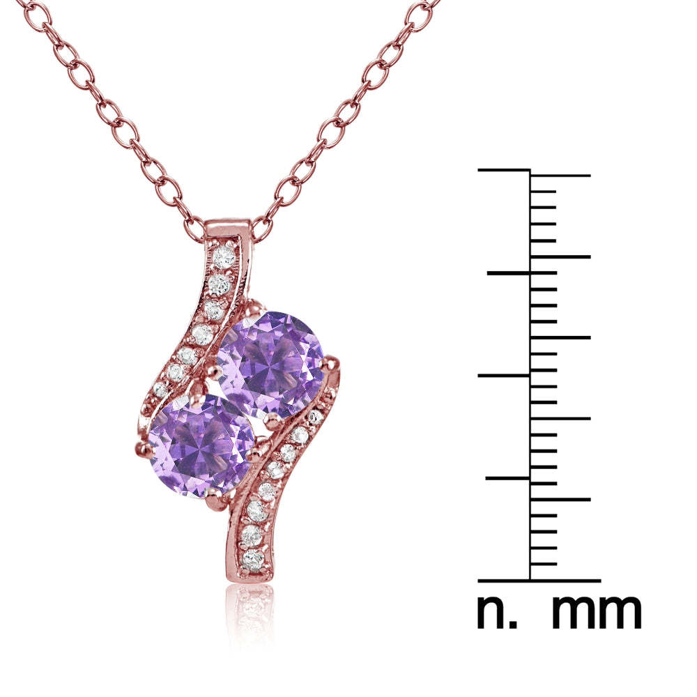 Rose Gold Flashed Sterling Silver Created Amethyst Round Two Stone and CZ Accents Necklace-3