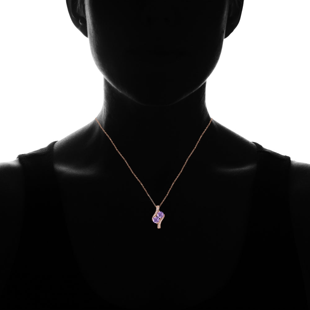 Rose Gold Flashed Sterling Silver Created Amethyst Round Two Stone and CZ Accents Necklace-4