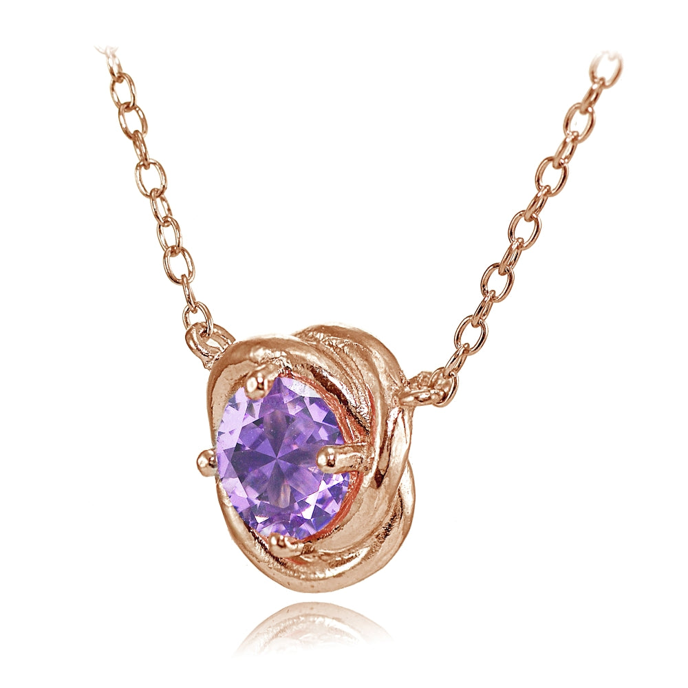 Rose Gold Flashed Sterling Silver Created Amethyst 6mm Round Love Knot Pendant Necklace-2