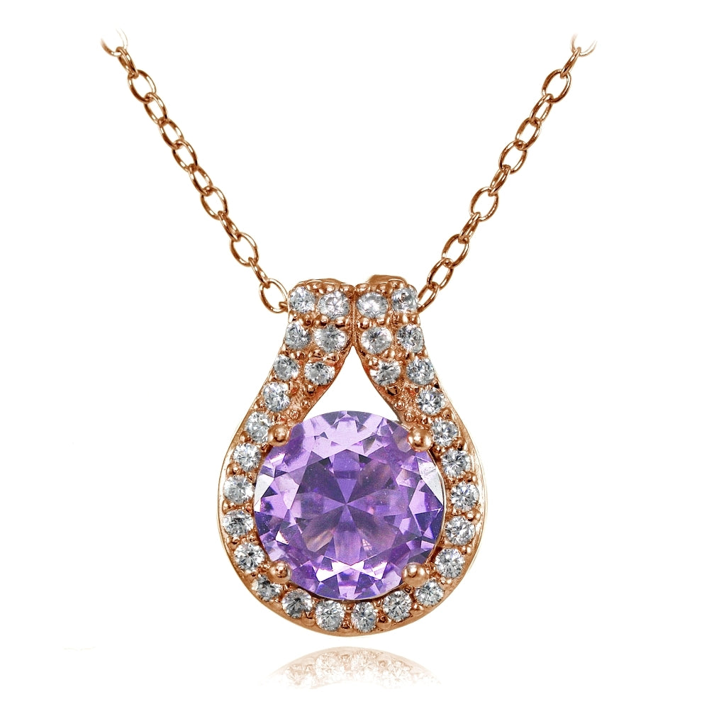 Rose Gold Flashed Sterling Silver Created Amethyst Round Halo Necklace with CZ Accents