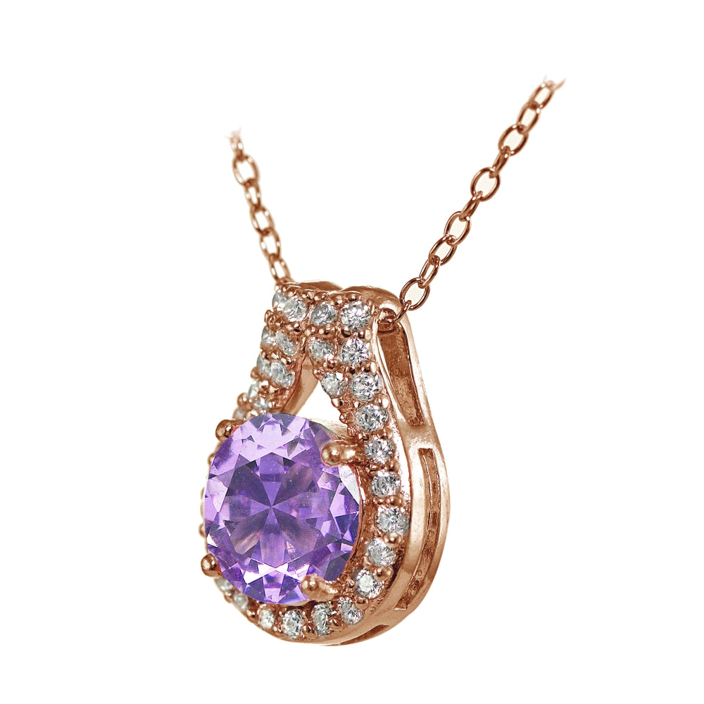 Rose Gold Flashed Sterling Silver Created Amethyst Round Halo Necklace with CZ Accents-2