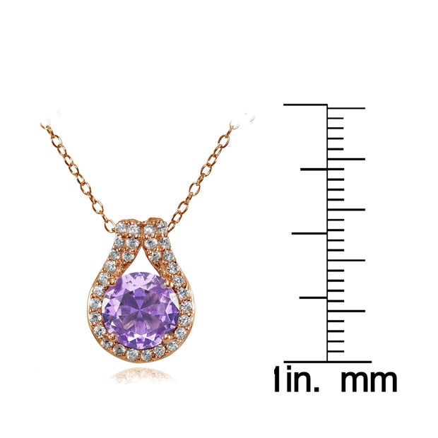 Rose Gold Flashed Sterling Silver Created Amethyst Round Halo Necklace with CZ Accents