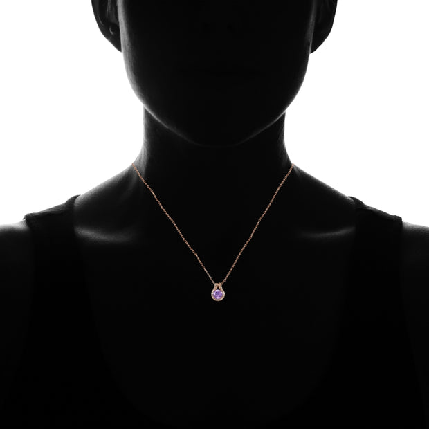 Rose Gold Flashed Sterling Silver Created Amethyst Round Halo Necklace with CZ Accents
