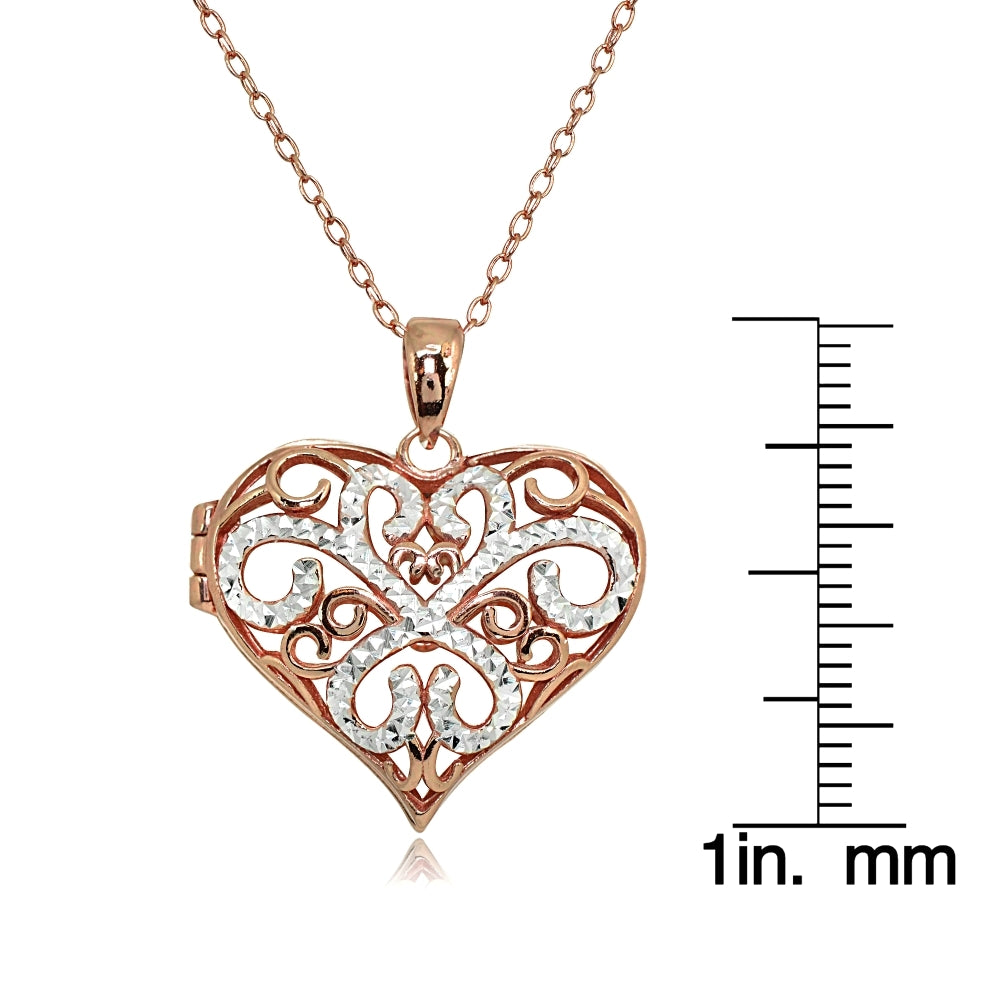 Rose Gold Flashed Sterling Silver Two-Tone Polished Diamond-Cut Heart Filigree Picture Locket Necklace