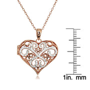 Rose Gold Flashed Sterling Silver Two-Tone Polished Diamond-Cut Heart Filigree Picture Locket Necklace