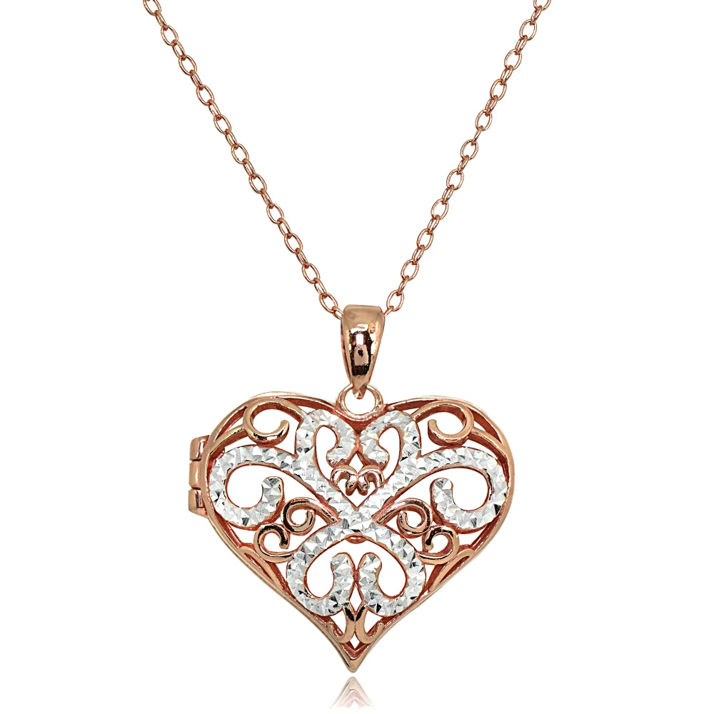 Rose Gold Flashed Sterling Silver Two-Tone Polished Diamond-Cut Heart Filigree Picture Locket Necklace-2