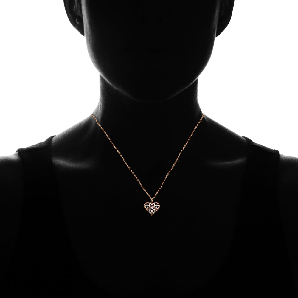 Rose Gold Flashed Sterling Silver Two-Tone Polished Diamond-Cut Heart Filigree Picture Locket Necklace-4