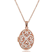 Rose Gold Flashed Sterling Silver Two-Tone Polished Diamond-Cut Oval Filigree Picture Locket Necklace
